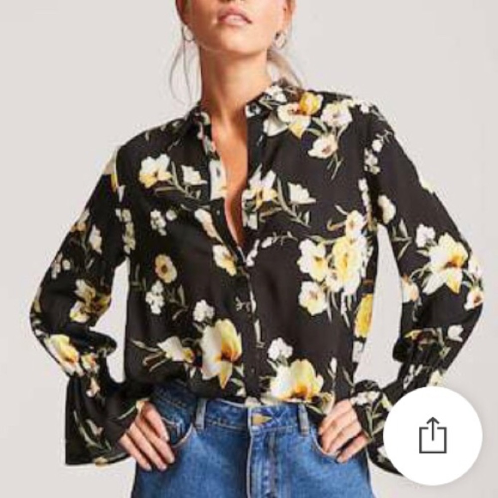 Hi Neck Floral Blouse with Bell Sleeves
